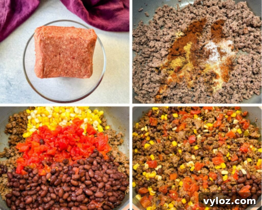 A four-photo collage showing the process of cooking ground beef in a skillet, seasoned with homemade taco spices.