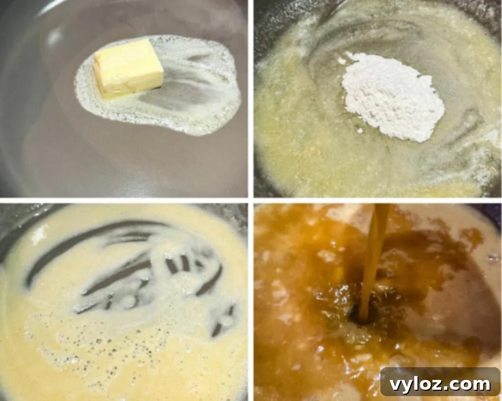 Melt-in-Your-Mouth Slow Cooker Beef Roast 12 collage of 4 photos with butter, flour, and broth to make homemade gravy