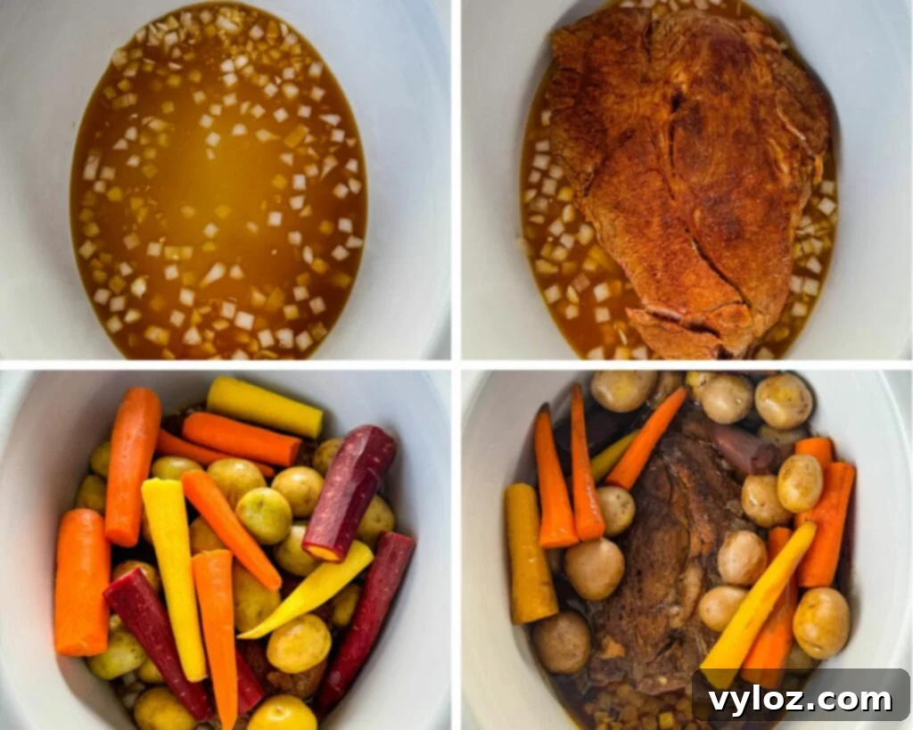 Melt-in-Your-Mouth Slow Cooker Beef Roast 9 collage of 4 photos with broth, vegetables, and beef pot roast in a Crockpot slow cooker