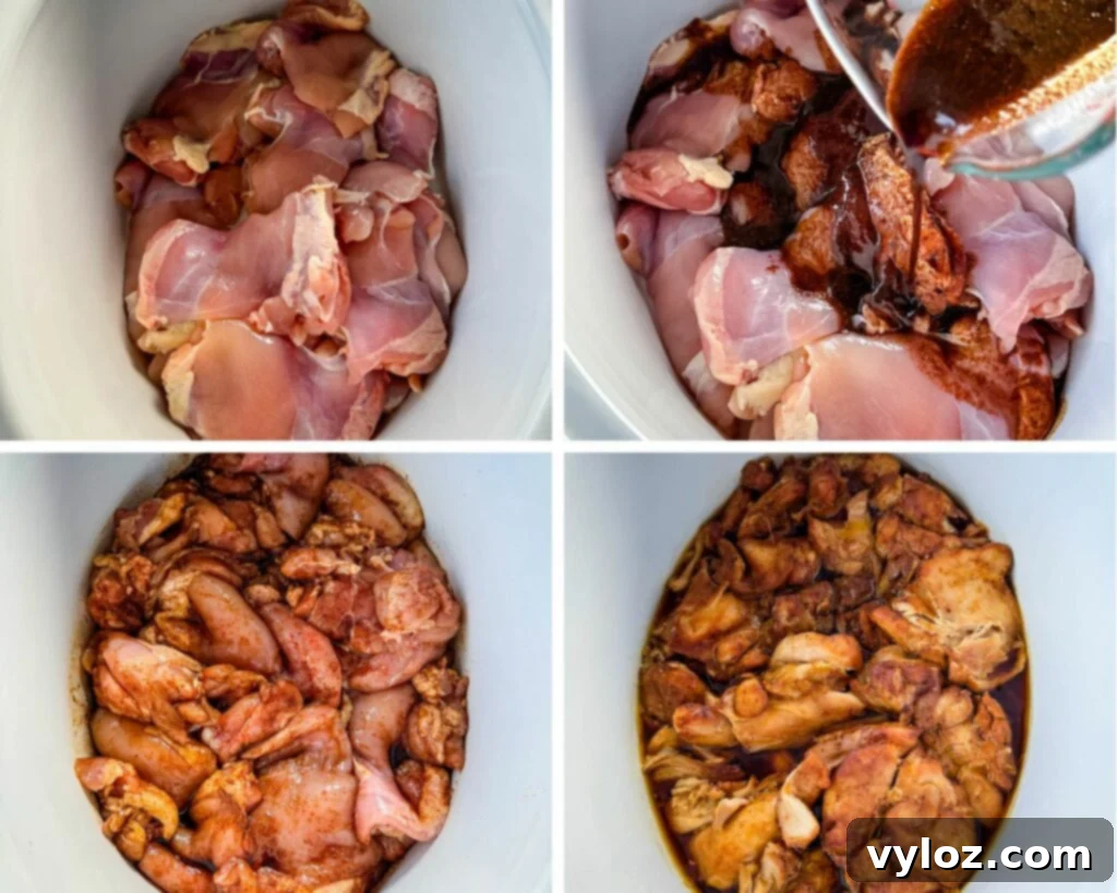 collage of 4 photos with raw chicken thighs in a white Crockpot slow cooker