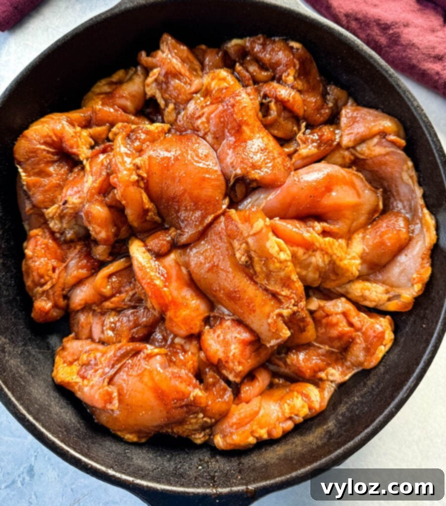 Savory Grilled Chicken Rub 7 Raw chicken thighs coated in homemade grilled chicken seasoning marinade, arranged in a cast iron skillet.