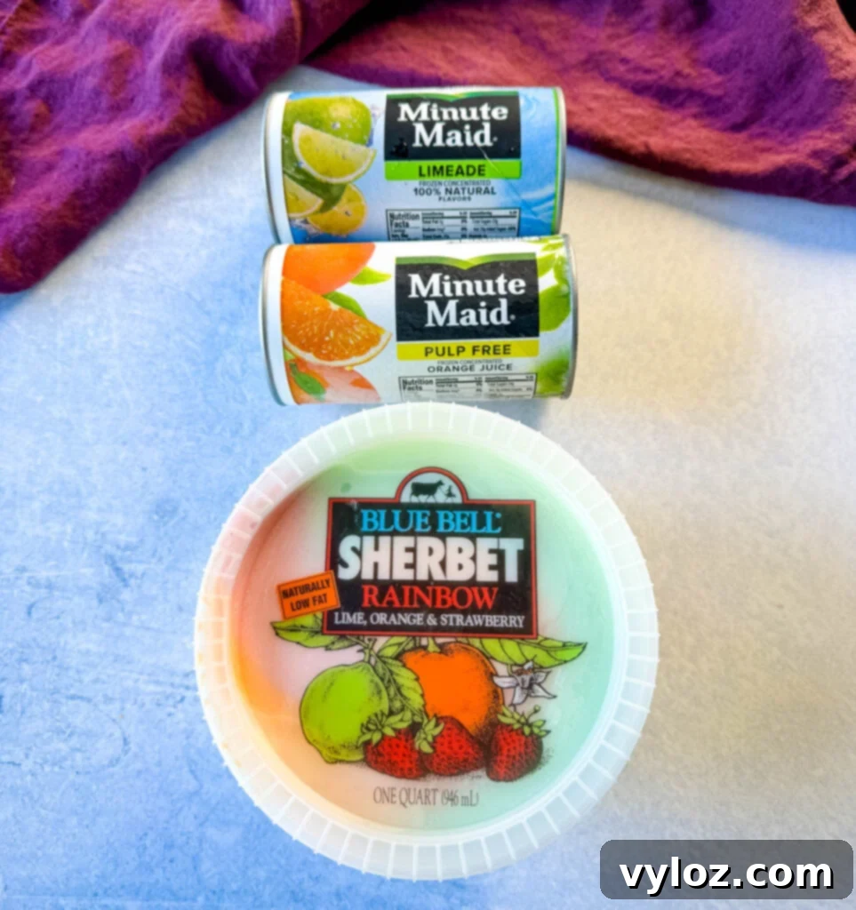 Kaleidoscope Sherbet Punch 3 sherbet and frozen canned juice on a flat surface