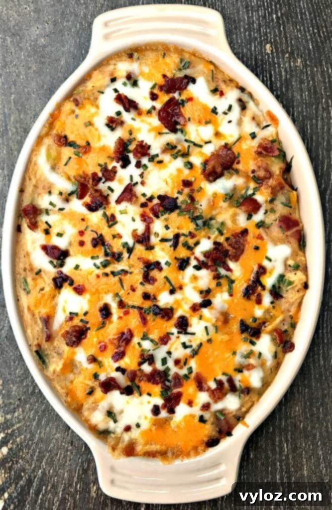 Close-up of Instant Pot Bacon Chicken Ranch Baked Potato Casserole