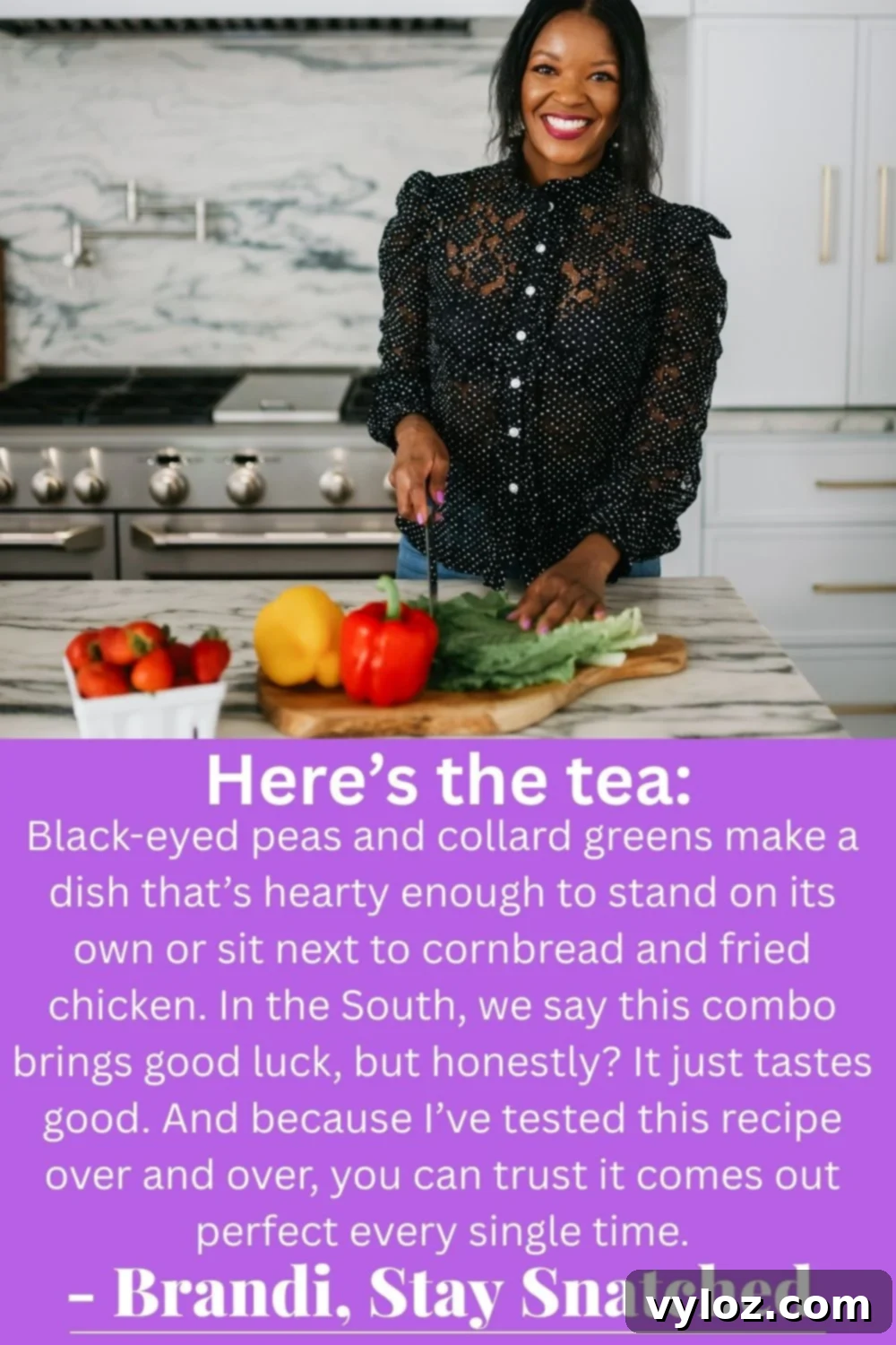 A collection of ingredients and preparation tips for making black-eyed peas and collard greens, arranged neatly on a surface.