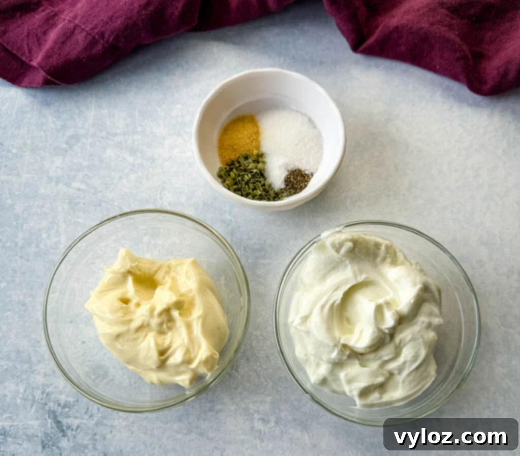 Classic Ham Pasta Salad 3 spices, mayo, and sour cream in separate glass bowls