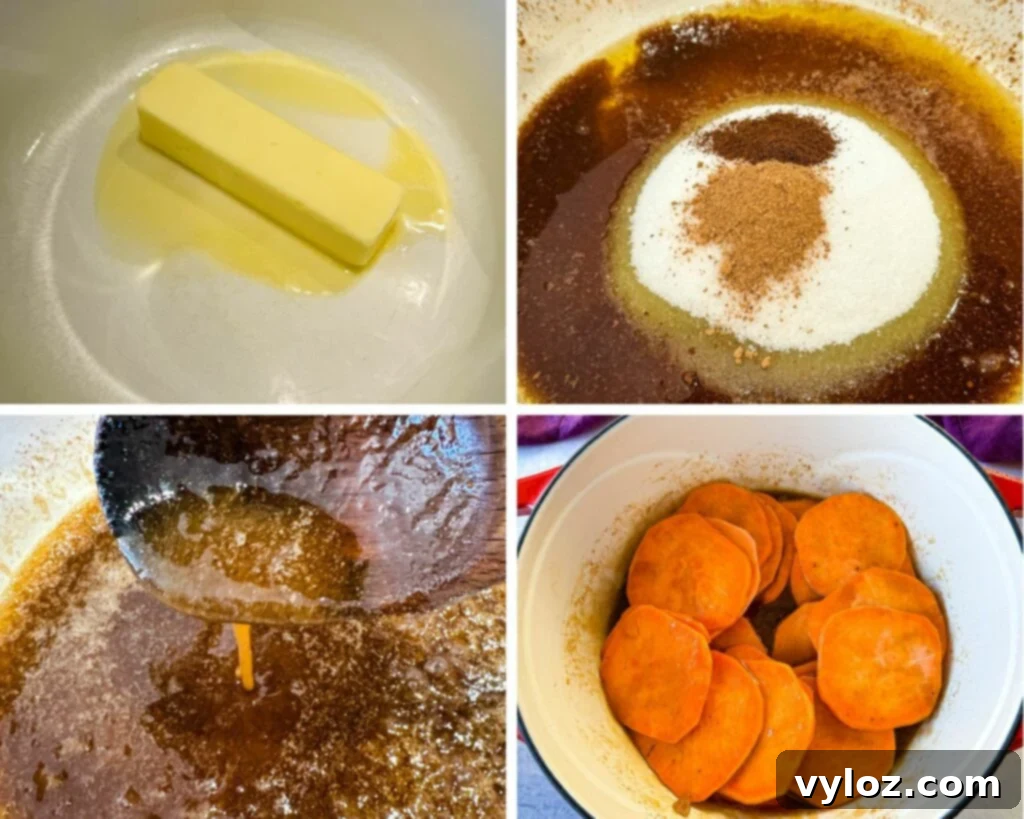 Stovetop Glazed Sweet Potatoes 6 collage of 4 photos with melted butter, sugar, cinnamon, and nutmeg in a Dutch oven