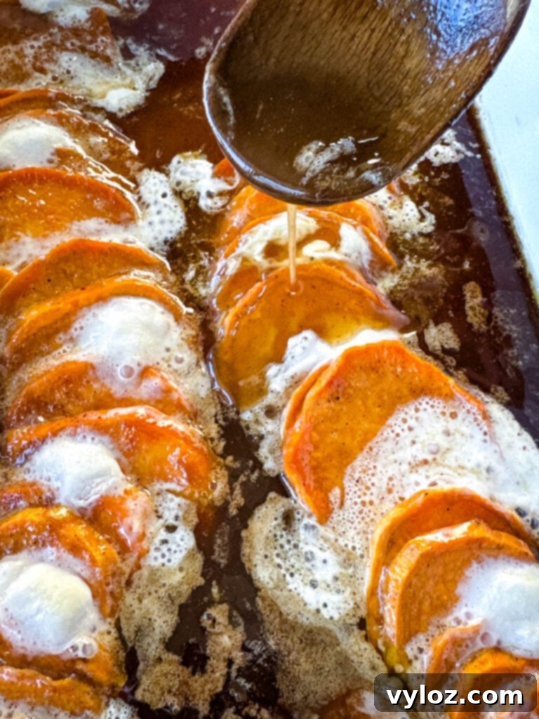 A top-down view of candied sweet potatoes with toasted marshmallows, freshly baked and ready to serve.