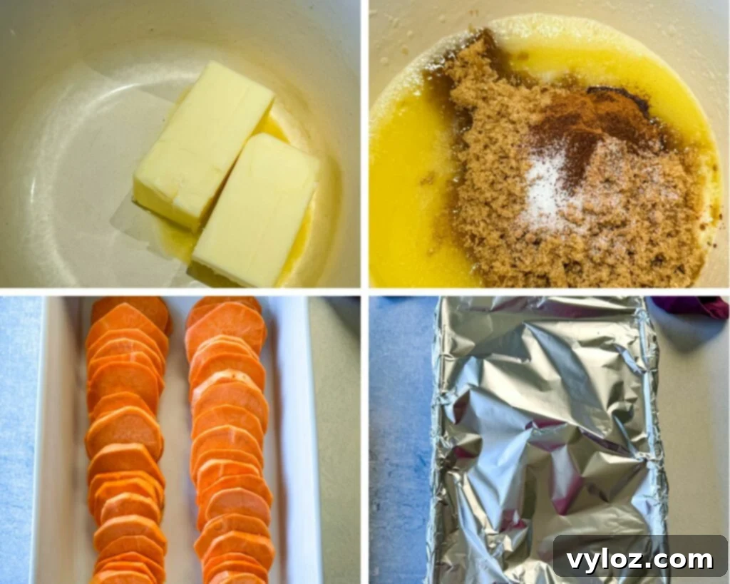 A four-panel collage showing the process of making candied sweet potato glaze: melted butter, then sugar, cinnamon, and nutmeg added, all in a saucepan.