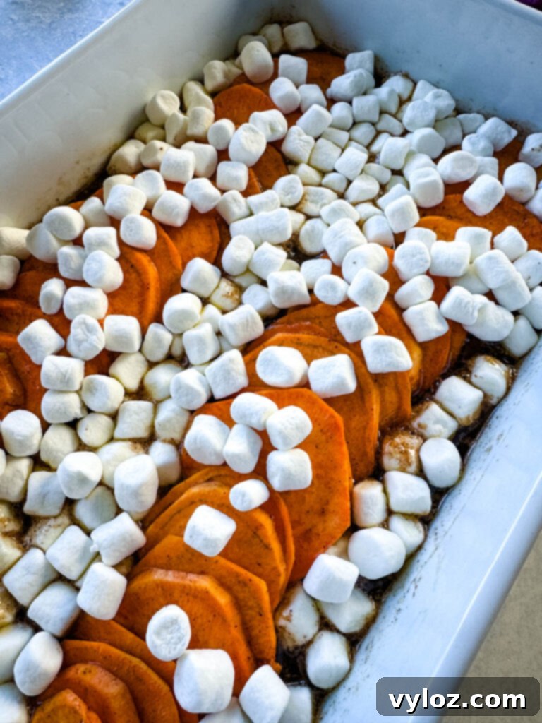 Close-up of baked candied sweet potatoes with golden toasted marshmallows and a bubbling brown sugar glaze in a white baking dish.