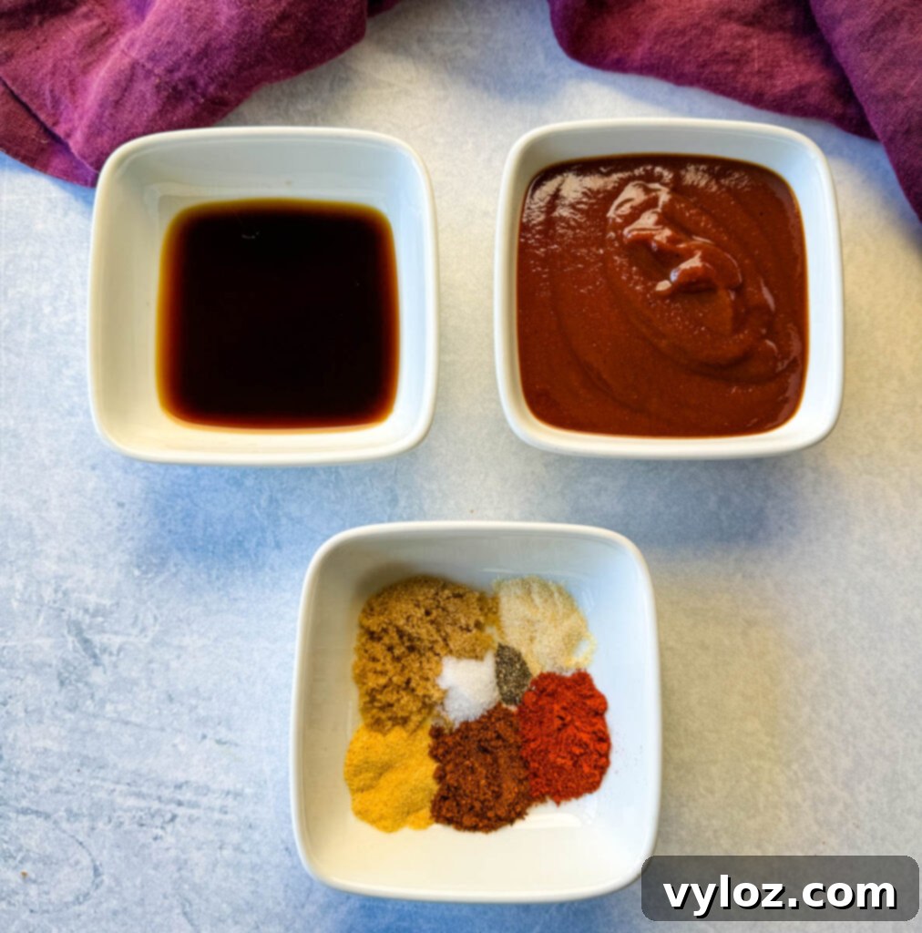 soy sauce, BBQ sauce, and homemade BBQ rub in a white bowl