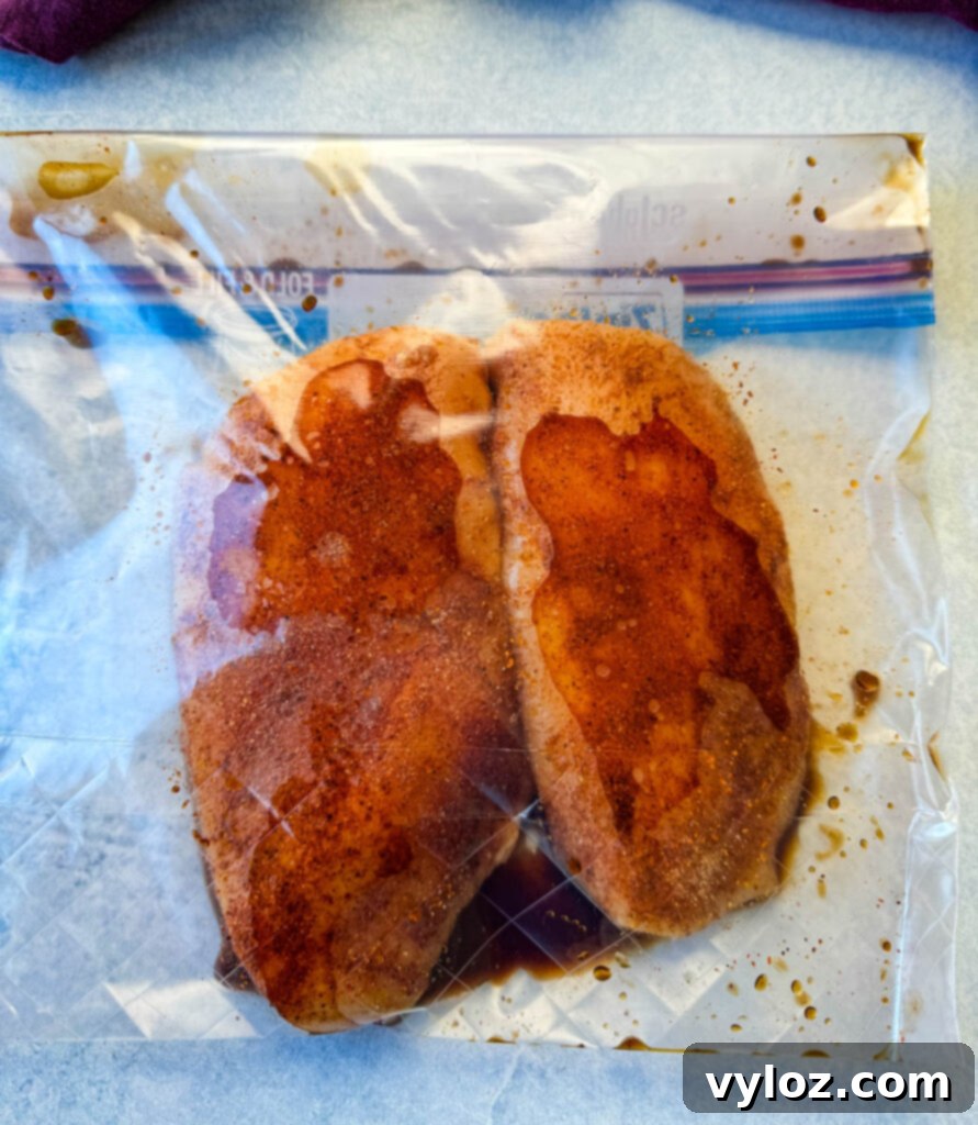 2 chicken breasts marinated with spices in a plastic bag