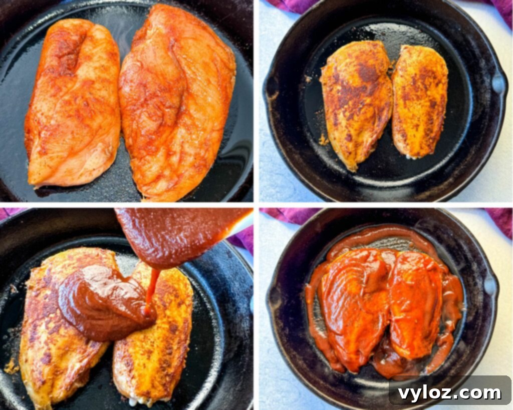 collage of 4 photos with 2 chicken breasts in a cast iron skillet drizzled with bbq sauce 