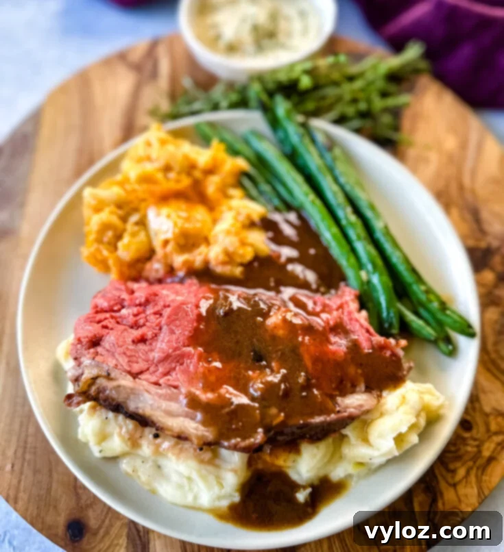 Garlic Butter Prime Rib, perfectly seasoned with a crust