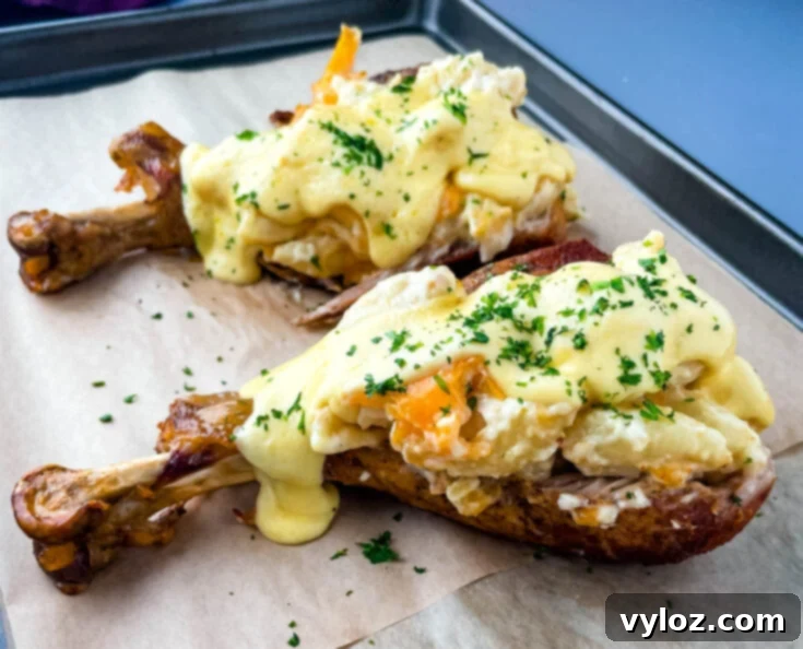 Stuffed Turkey Legs, fall-off-the-bone tender and loaded with mac and cheese