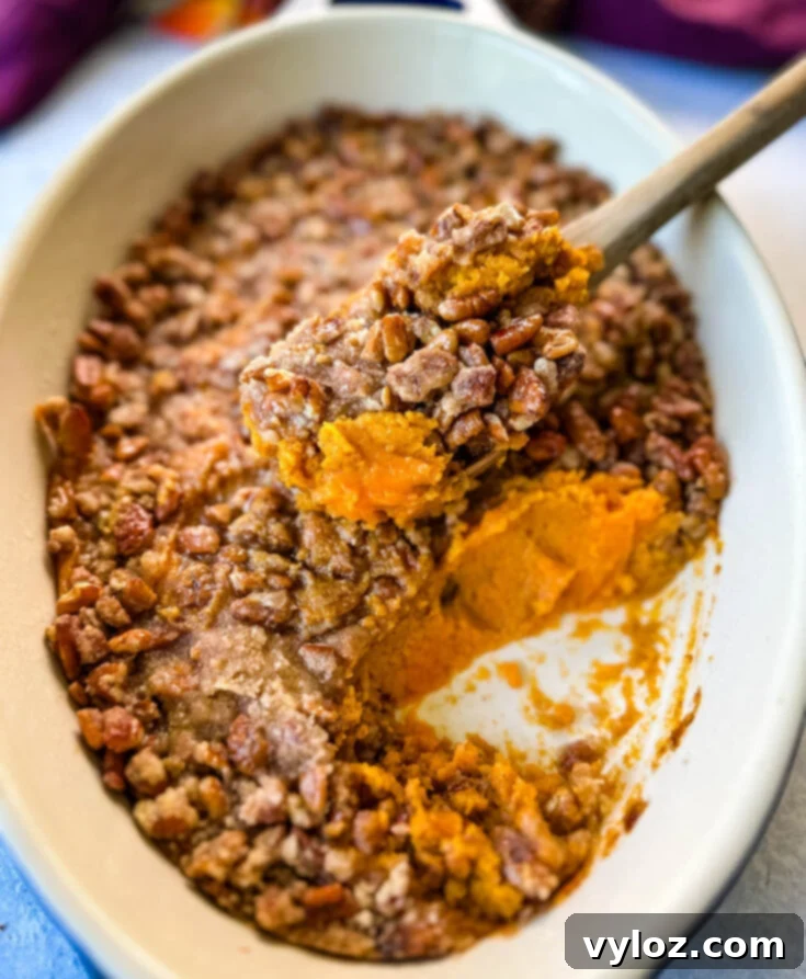Sweet Potato Casserole without Marshmallows, with crunchy pecan streusel topping
