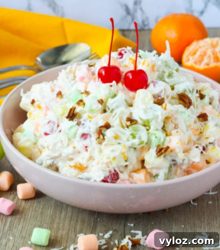 Ambrosia Salad, heavenly creamy fruit salad with marshmallows, coconut, and nuts