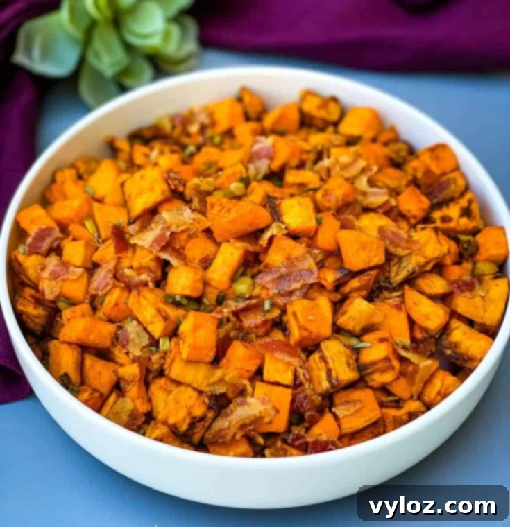 Air Fryer Sweet Potato Hash, quick and easy breakfast with bold spice and bacon
