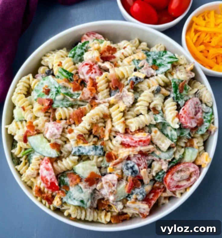 Easy Creamy Bacon Ranch Pasta Salad with cheddar, veggies, and Greek yogurt or sour cream