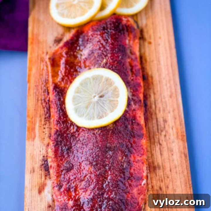 Easy Cedar Plank Grilled Salmon with smoky and woodsy flavor