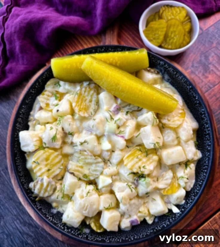 Creamy Dill Pickle Potato Salad with tender potatoes and crisp dill pickles
