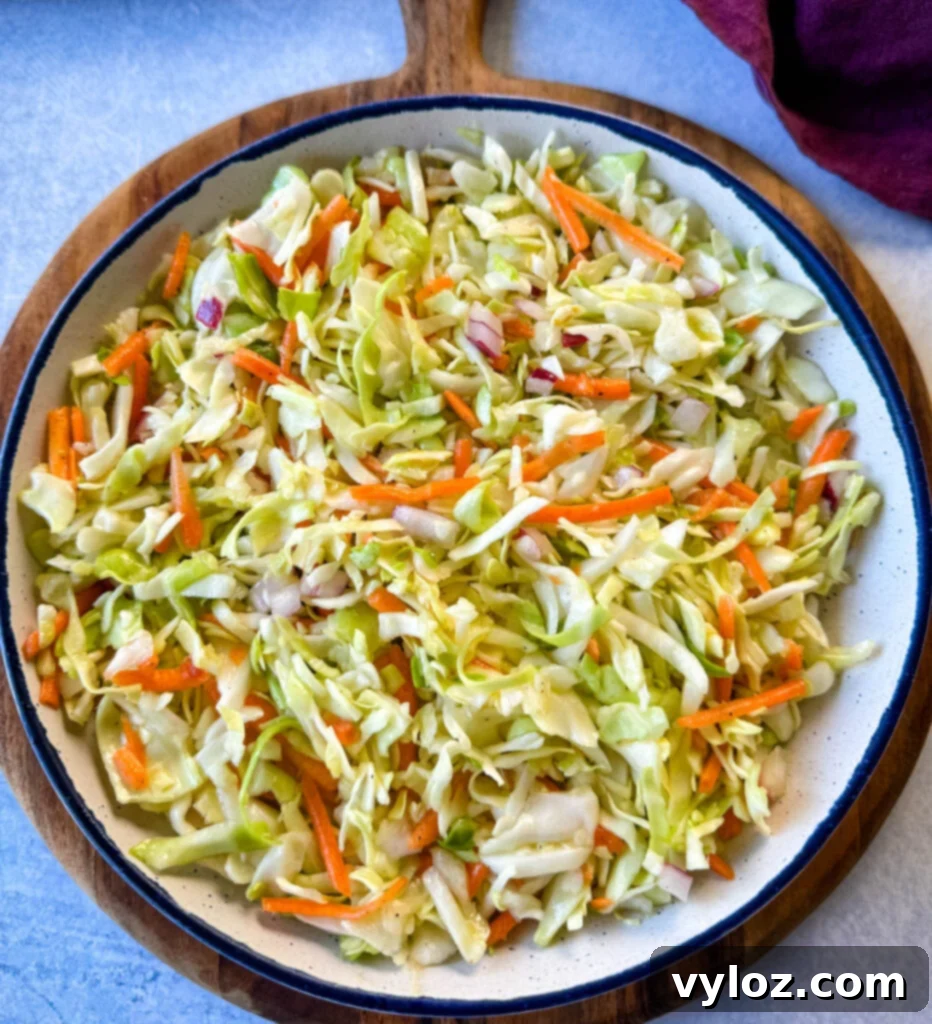 A refreshing serving of vinegar coleslaw, made without mayo, presented in a clean white bowl