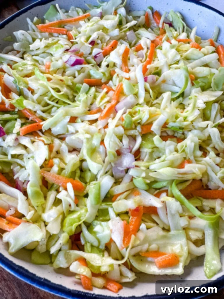 Vinegar coleslaw made without mayo, served in a white bowl, ready to be enjoyed as a side dish