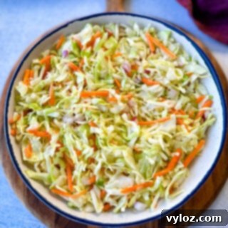 Vinegar coleslaw made without mayo in a white bowl, a refreshing and tangy side dish