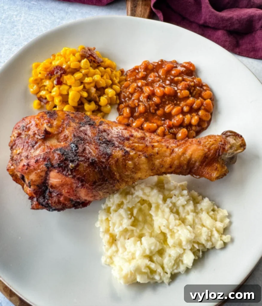 grilled turkey legs on a plate with baked beans, coleslaw, and fried corn