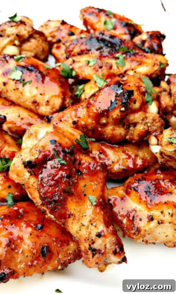 Charred BBQ Ranch Chicken Wings 3 Close-up of a single BBQ Ranch Grilled Chicken Wing, showing the crispy skin and sauce.