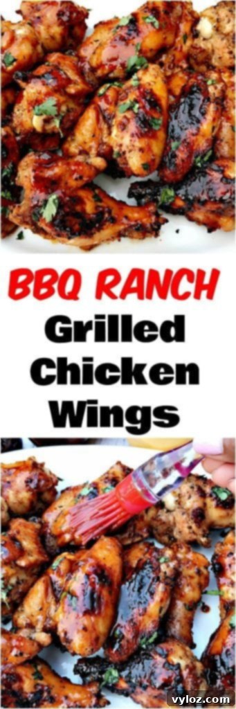 Charred BBQ Ranch Chicken Wings 7 Pinterest graphic: BBQ Ranch Grilled Chicken Wings, encouraging users to save the recipe.