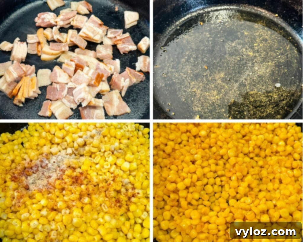 Golden Crispy Fried Corn 6 collage of 4 photos with cooked bacon and corn in a cast iron skillet