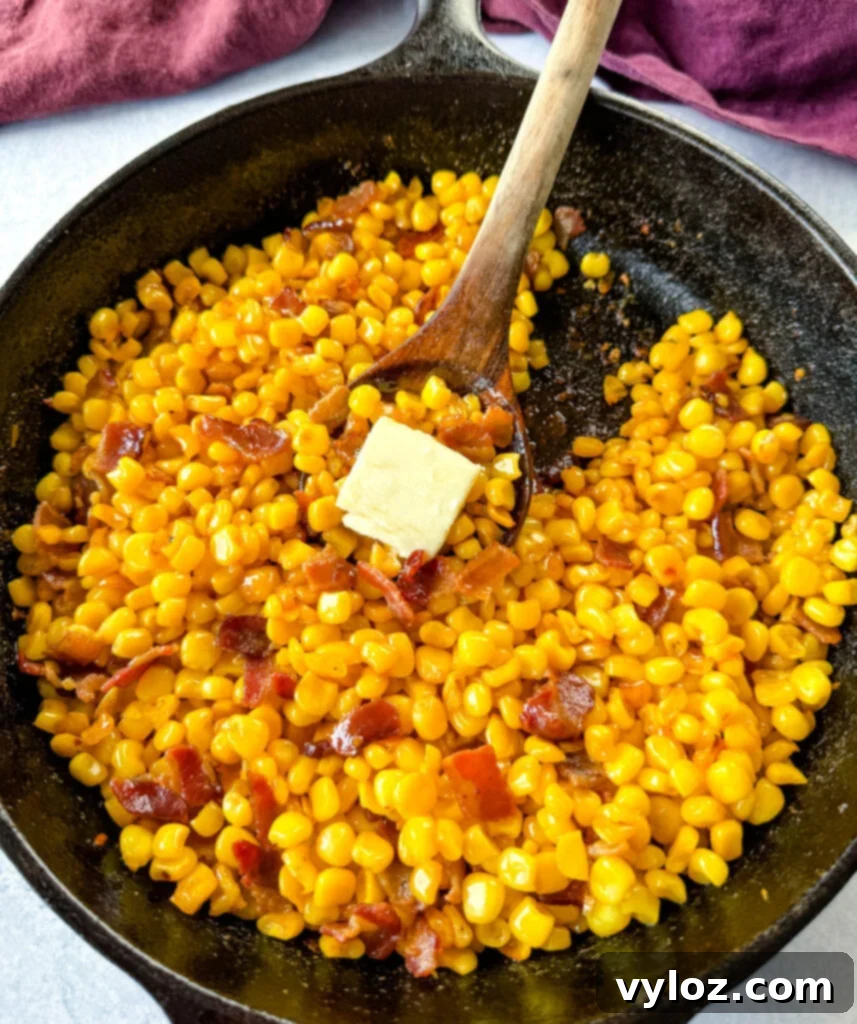 Golden Crispy Fried Corn 8 Southern fried corn with butter and bacon in a cast iron skillet