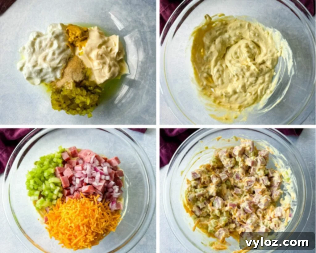 Classic Creamy Ham Salad 6 collage of 4 photos with ham salad, onions, celery, and grated