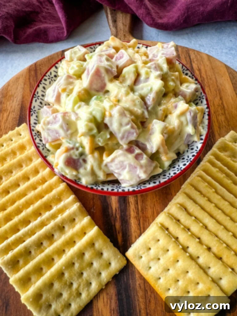 Classic Creamy Ham Salad 9 ham salad with cheese in a red bowl with crackers