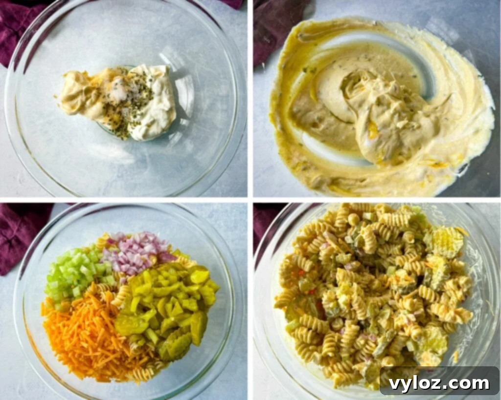 Zingy Dill Pasta Salad 8 A step-by-step collage showing the process of making dill pickle pasta salad, from individual ingredients to the mixed salad in a bowl.