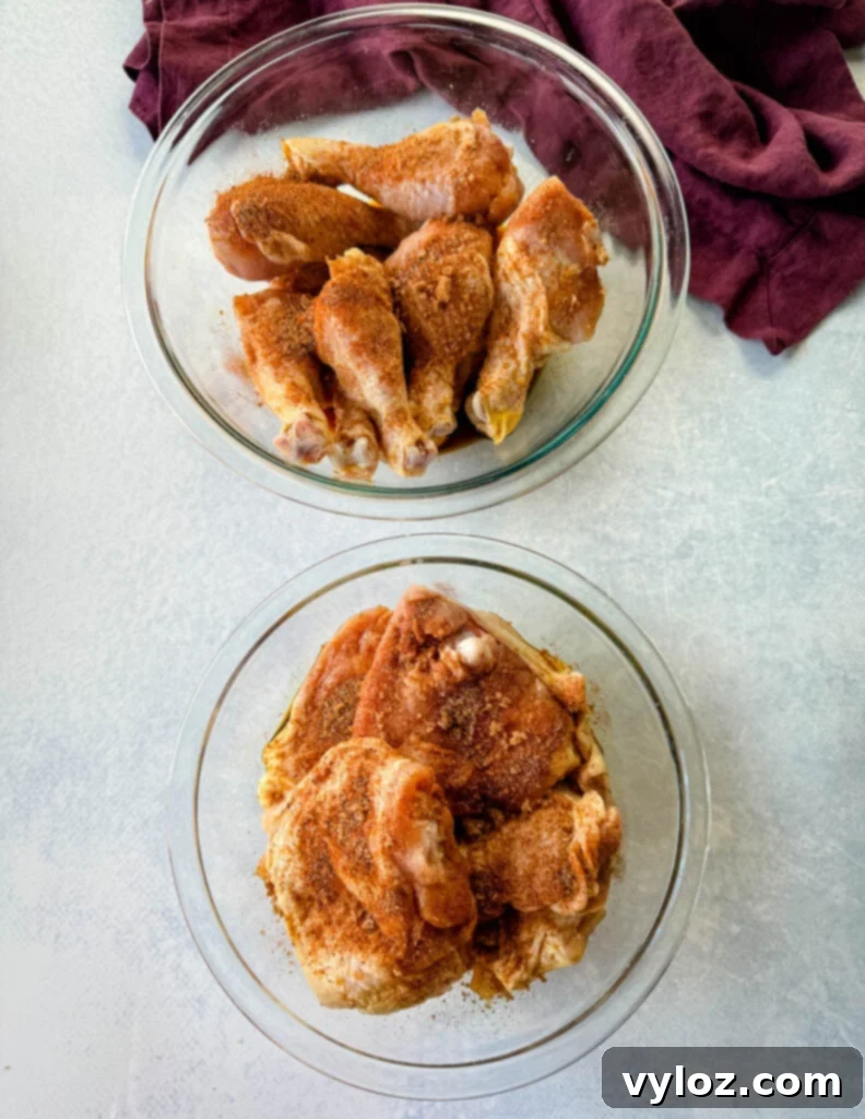 raw, seasoned marinated chicken thighs and drumsticks in glass bowls