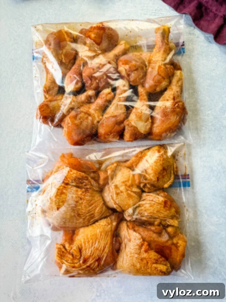 raw, seasoned marinated chicken thighs and drumsticks in a plastic bag
