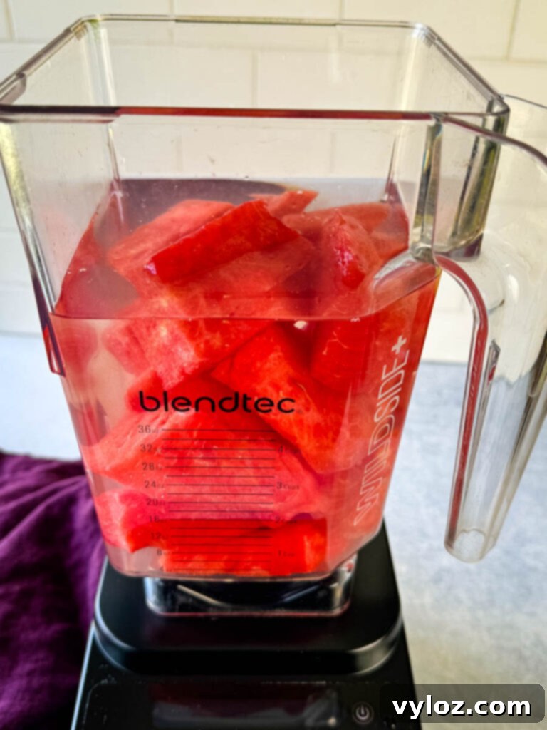 Chunks of watermelon and water being added to a blender, ready to be processed into a refreshing drink.