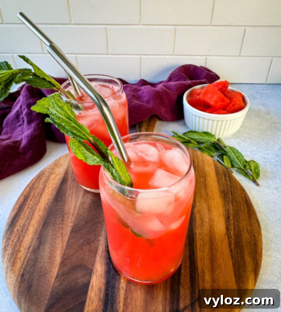 A glass of watermelon water with mint and ice, ready to quench thirst.