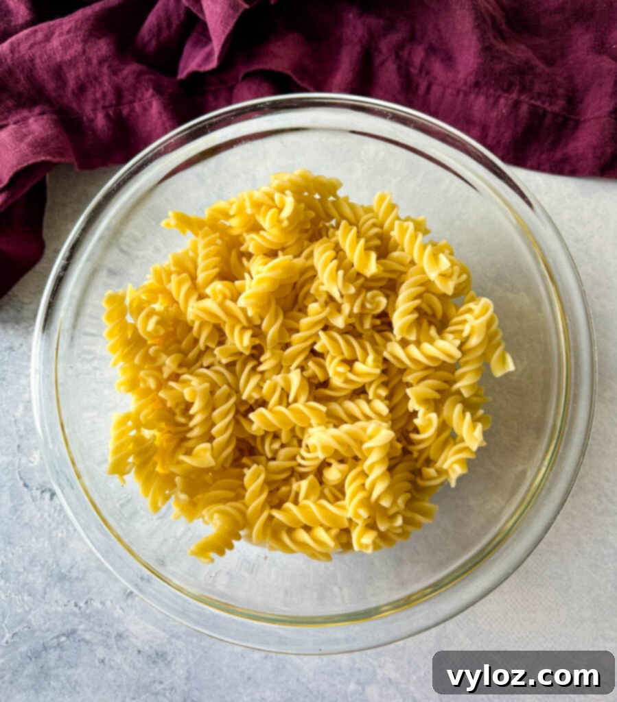 Rotini pasta in a glass bowl
