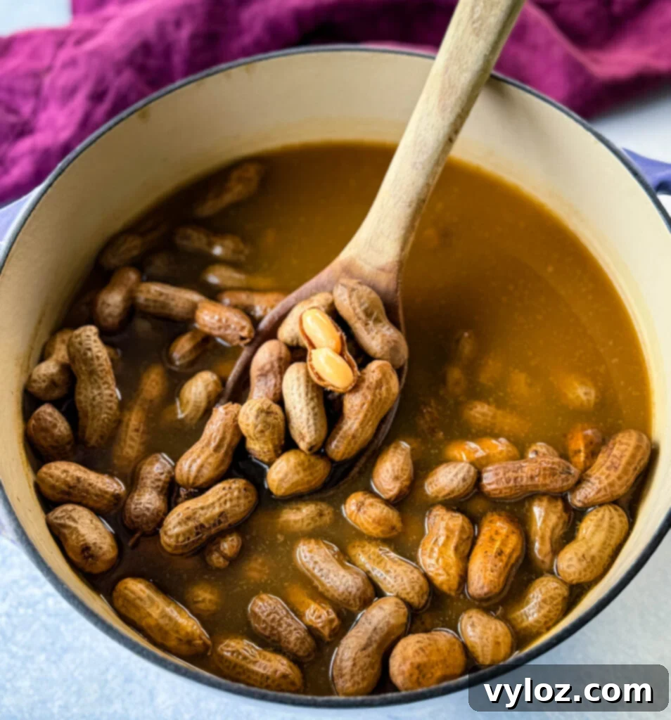boiled peanuts in a Dutch oven with a wooden spoon