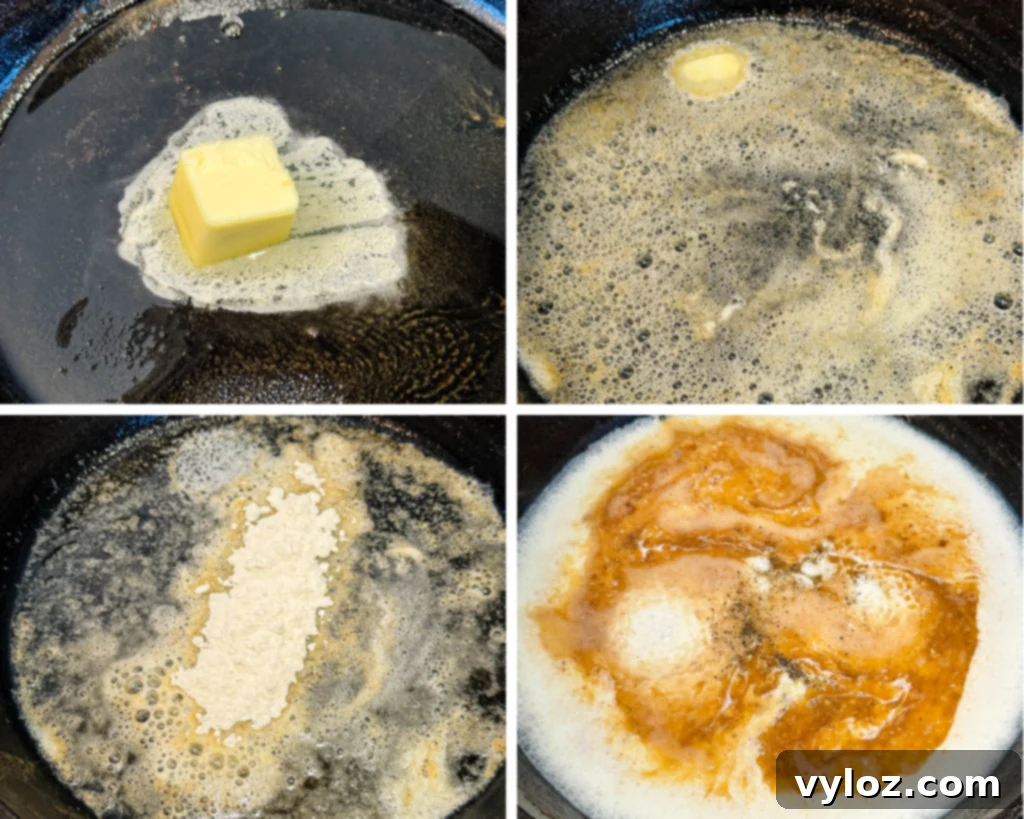 A four-photo collage showing the process of making country gravy: melted butter, flour added to form a roux, and half and half being stirred into the skillet.