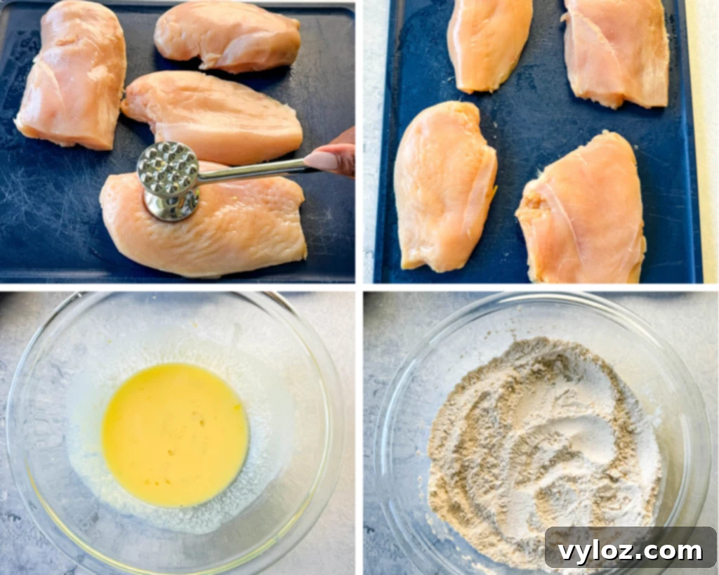 A collage showing the stages of preparing chicken for frying: raw pounded chicken, buttermilk mixture, and seasoned flour.