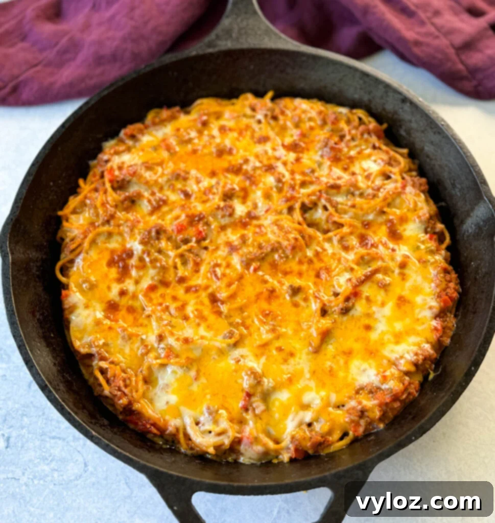 million dollar spaghetti in a cast iron skillet