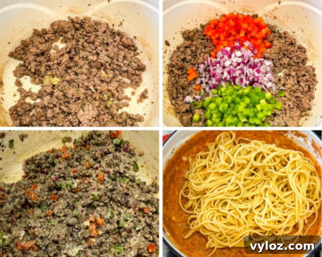 collage of 4 photos with ground beef marinara, and pasta cooked in a Dutch oven
