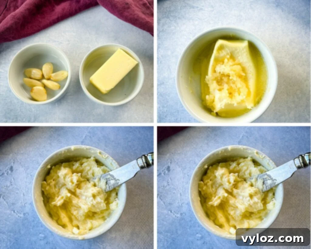 collage of 4 photos with garlic butter in a white bowl