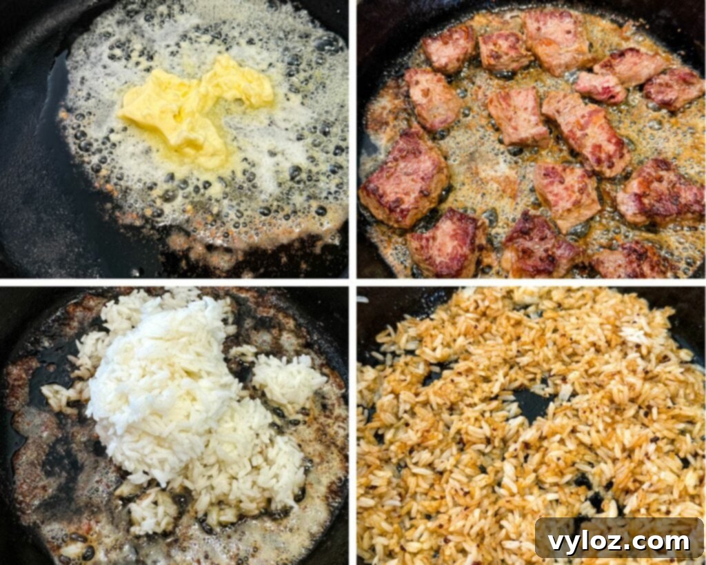 a collage of 4 photos with melted butter, seared steak, and rice in a cast iron skillet