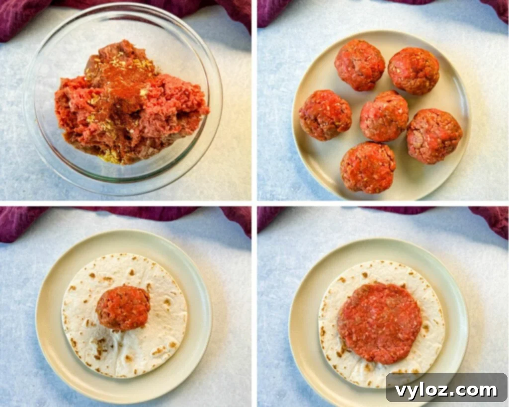 Cheesy Taco Burgers 6 collage of 4 photos with raw, seasoned ground beef formed into balls and then patties over a tortilla