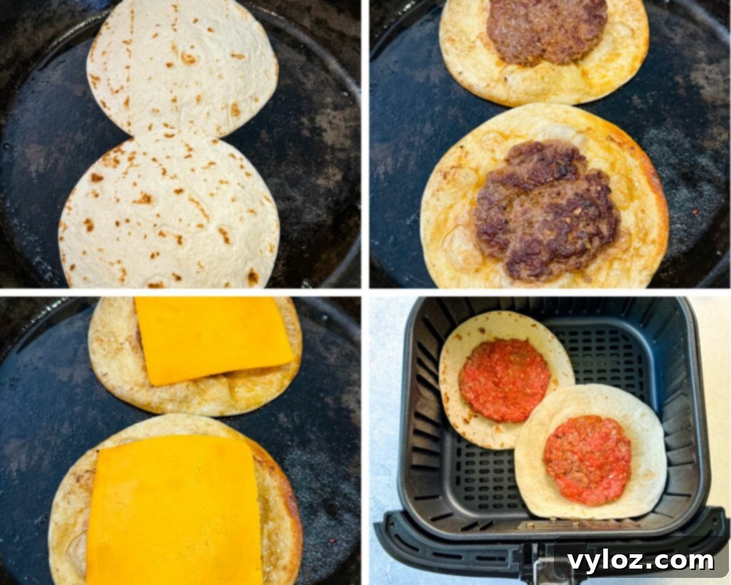 Cheesy Taco Burgers 7 collage of 4 photos with ground beef on a tortilla with cheese in a cast iron skillet