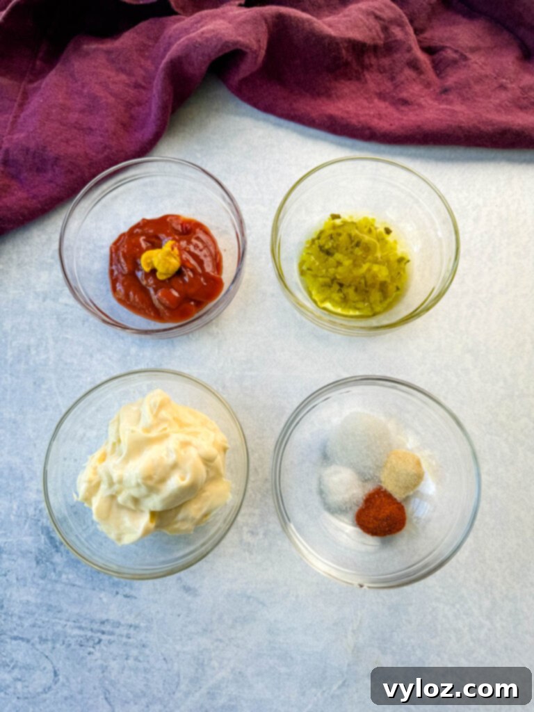 collage of 4 photos with ketchup, mustard, pickle relish, mayo, and spices in separate glass bowls